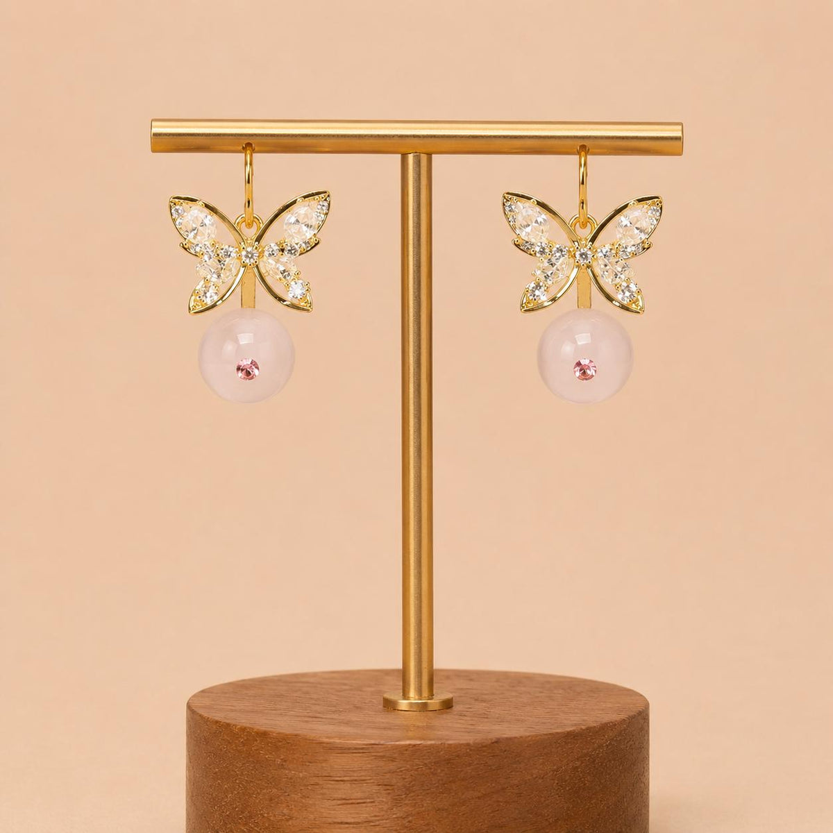 Gold Butterfly Stud Earrings, Marquise Crystal Drop Earrings, Rose Pink Beaded Dangles, Romantic Korean Style Jewelry, Birthday Gift for Her