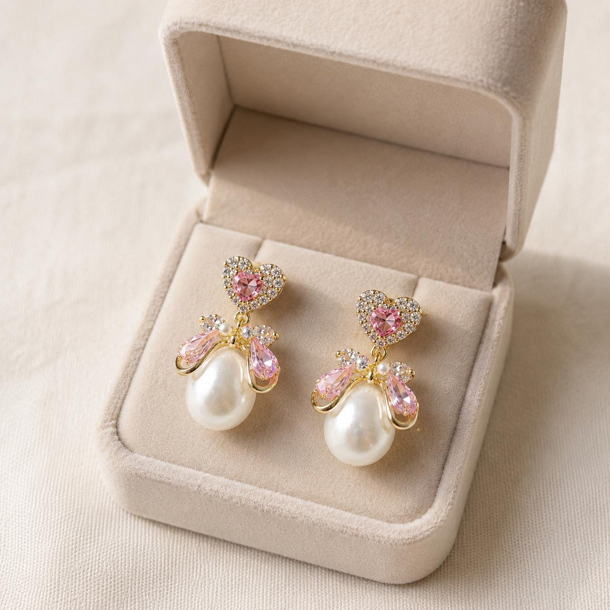 Pink Heart Crystal Bowknot Pearl Dangle Earrings, Balletcore Coquette Statement Jewelry