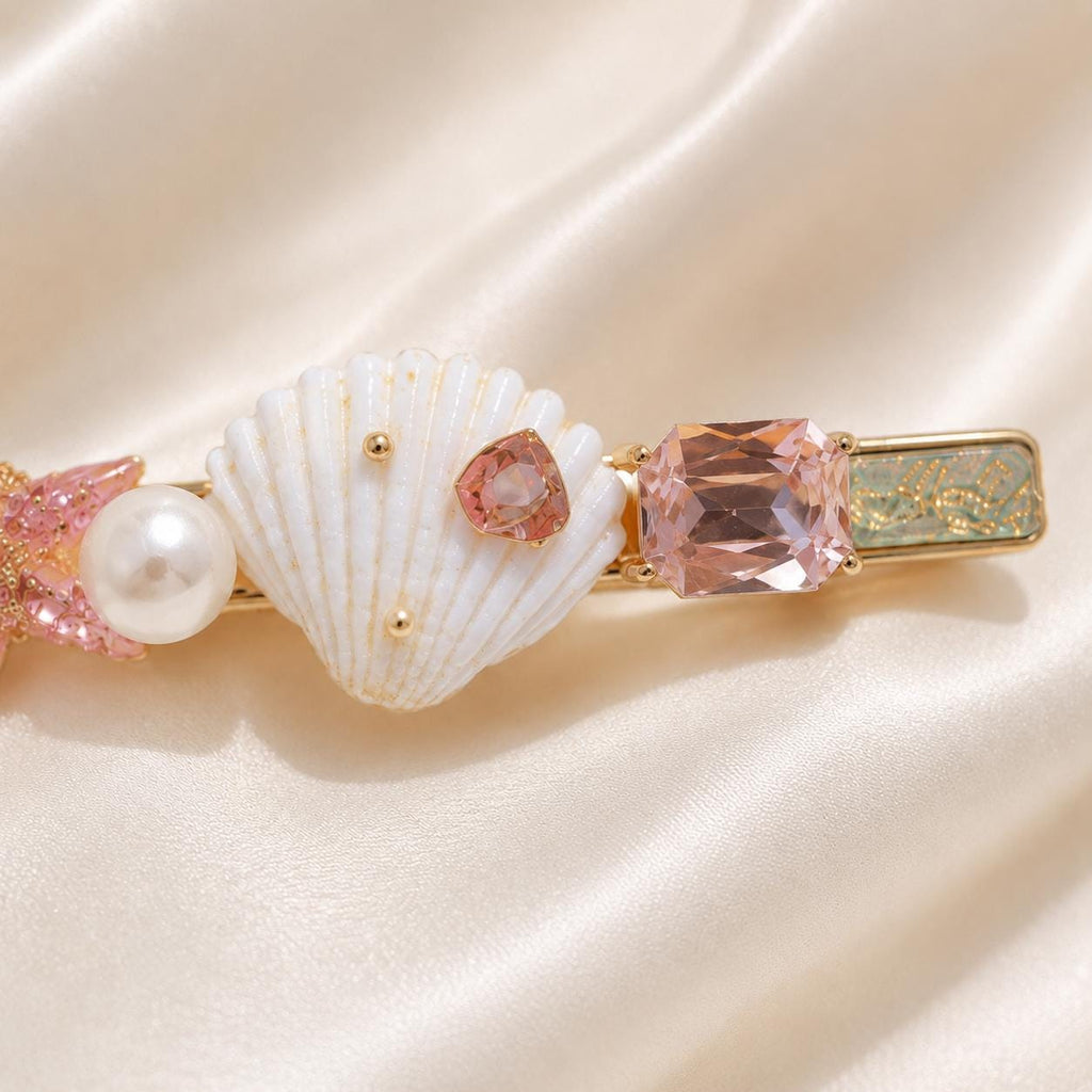 Pink Starfish Hair Clip, White Sea Shell Barrette, Pastel Mermaidcore Alligator Pinch, Whimsical Coastal Beach Vacation Accessories