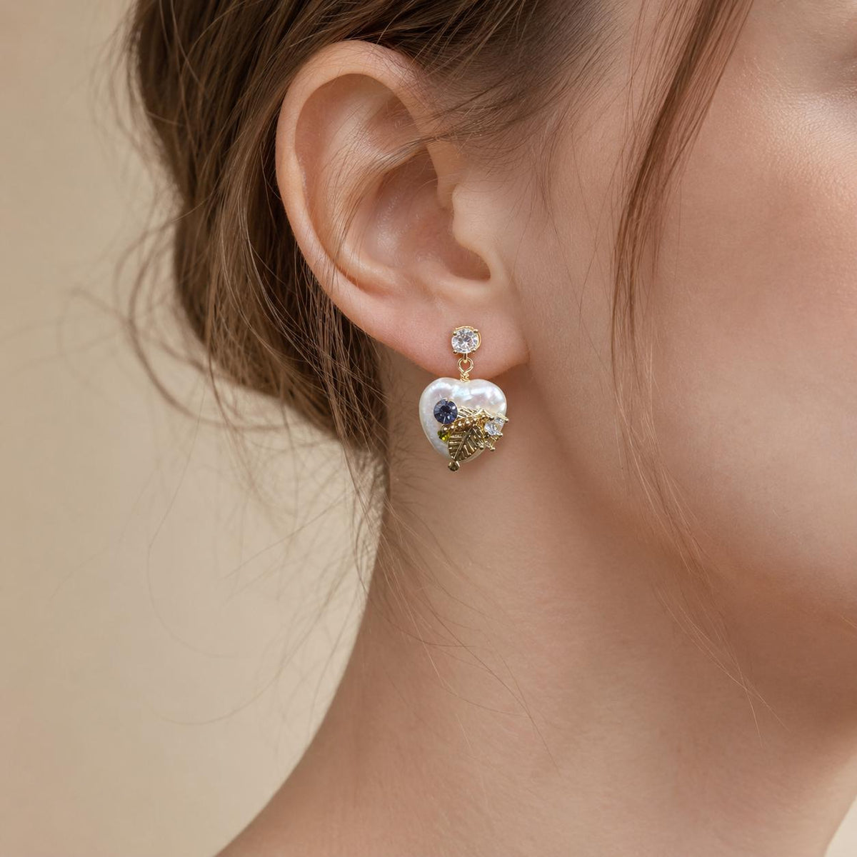 Baroque Pearl Heart Earrings, Gold Leaf Dangle Earrings, Lilac Crystal Stud Earrings, Botanical Statement Jewelry, Gift for Her