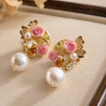 Gold Butterfly Pearl Drop Earrings, Baroque Rose Earrings, French Vintage Dangle Earrings, Romantic Jewelry, Gift for Her