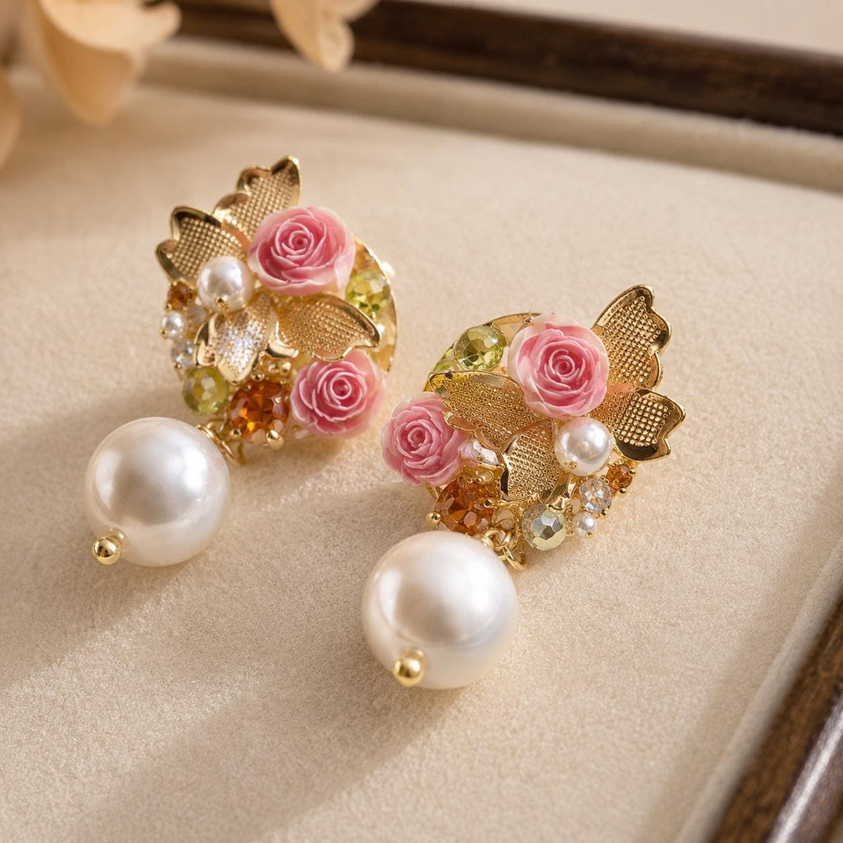 Gold Butterfly Pearl Drop Earrings, Baroque Rose Earrings, French Vintage Dangle Earrings, Romantic Jewelry, Gift for Her
