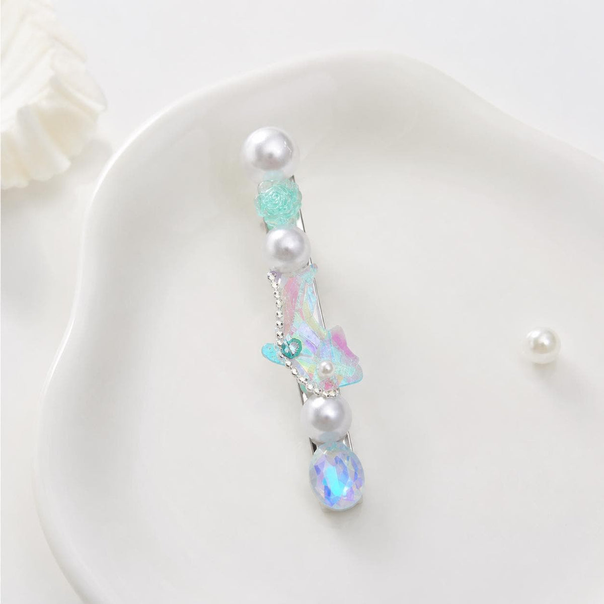 Aurora Mermaid Hair Clip, Mint Rose Pearl Barrette, Holographic Crystal Alligator Clip, Coquette Ocean Gift for Her