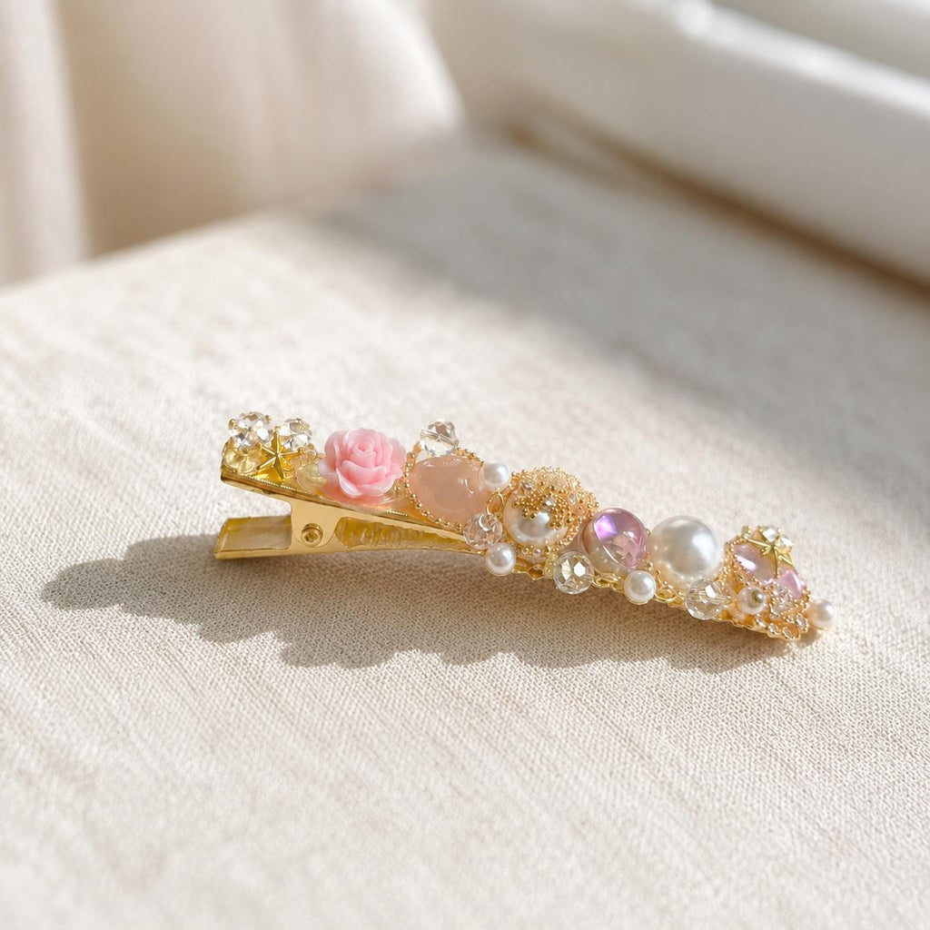 Gold Floral Pearl Hair Clip, Pink Rose Crystal Barrette, Romantic Coquette Hair Accessory, Gift for Her