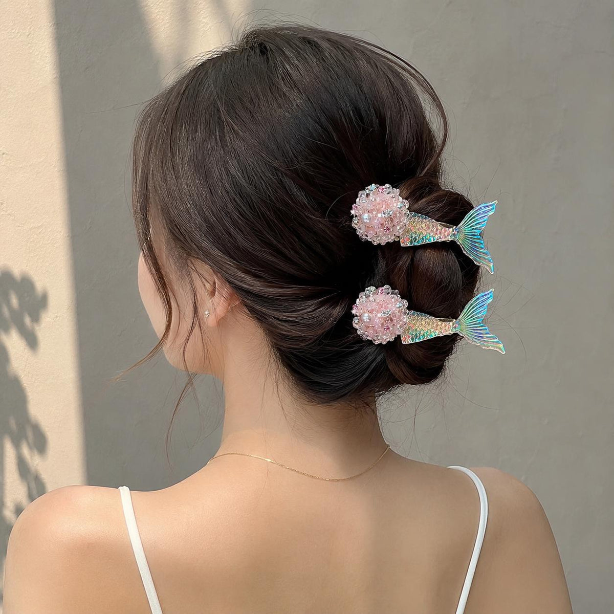 Pink Mermaid Tail Clips, Iridescent Fish Tail Barrette Set, Beaded Pearl Alligator Pinch, Whimsical Coastal Ocean Vacation Accessories