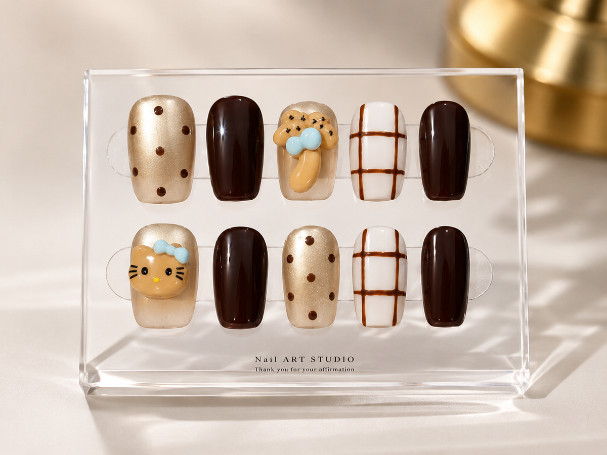 Handmade 3D Mocha Teddy Press-On Nails No.1