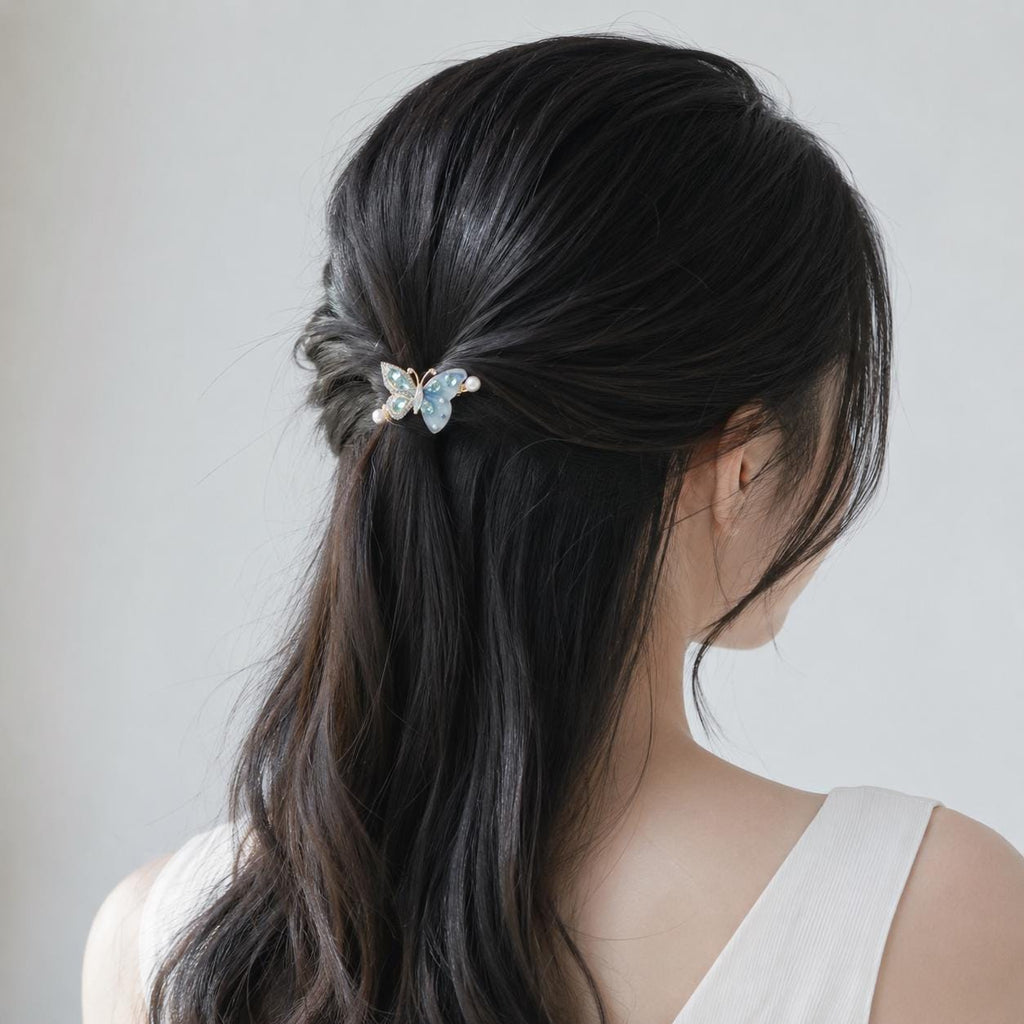 Pastel Blue Butterfly Hair Clip, Aquamarine Crystal Pearl Barrette, Elven Fairycore Mermaid Jewelry