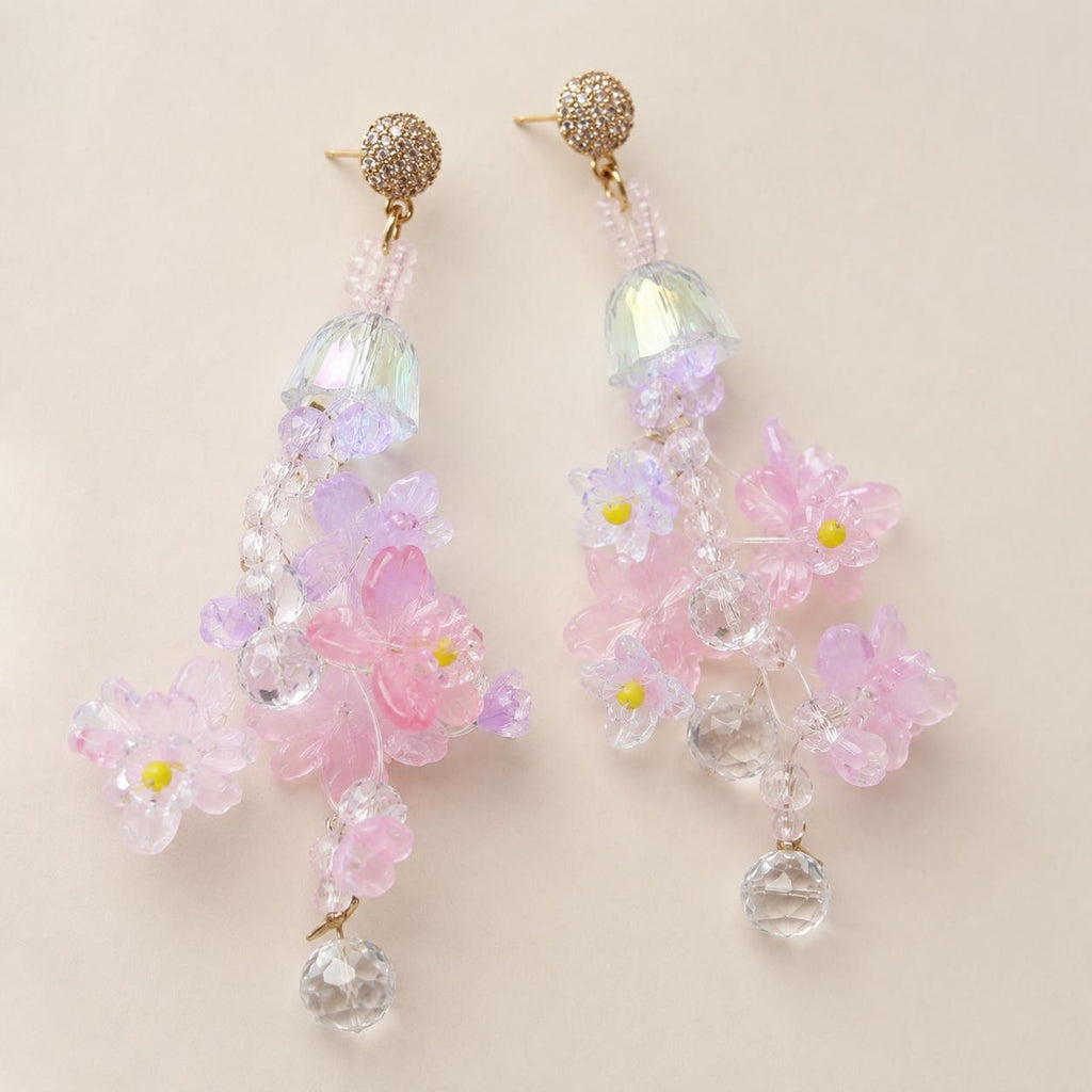 Pink Sakura Flower Dangle Earrings, 3D Acrylic Cherry Blossom Earrings, Fairycore Crystal Statement Earrings, Gift for Her