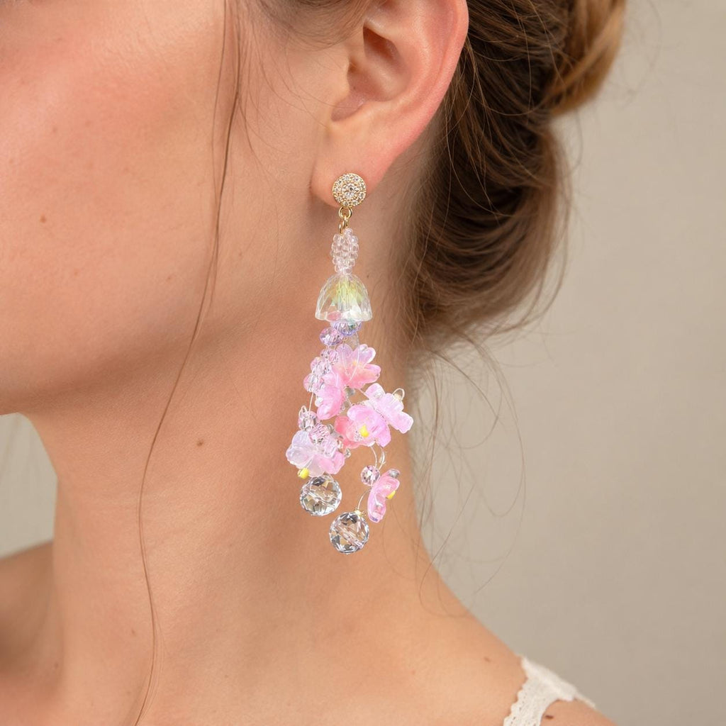 Pink Sakura Flower Dangle Earrings, 3D Acrylic Cherry Blossom Earrings, Fairycore Crystal Statement Earrings, Gift for Her