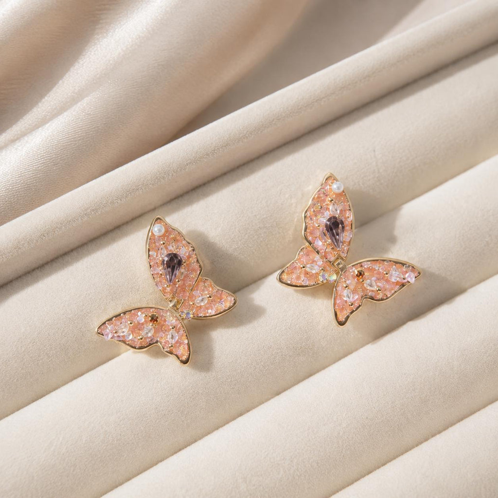 Gold Pink Butterfly Stud Earrings, Crystal Pearl Earrings, Korean Fairycore Jewelry, Whimsical Butterfly Gift for Her