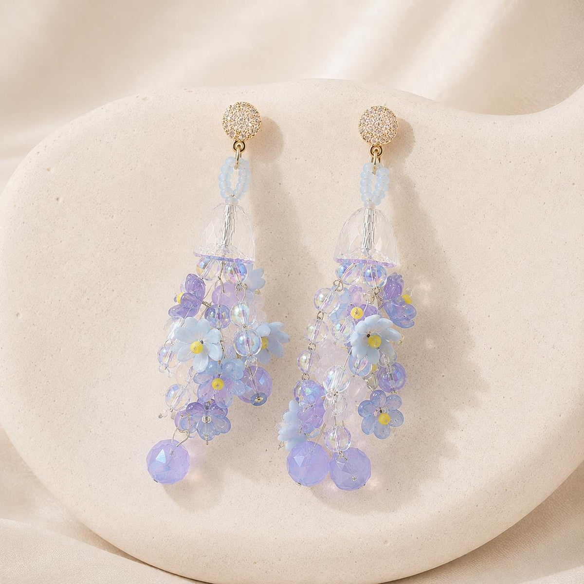Pastel Blue Forget Me Not Chandelier Earrings, 3D Acrylic Flower Tassel Dangle