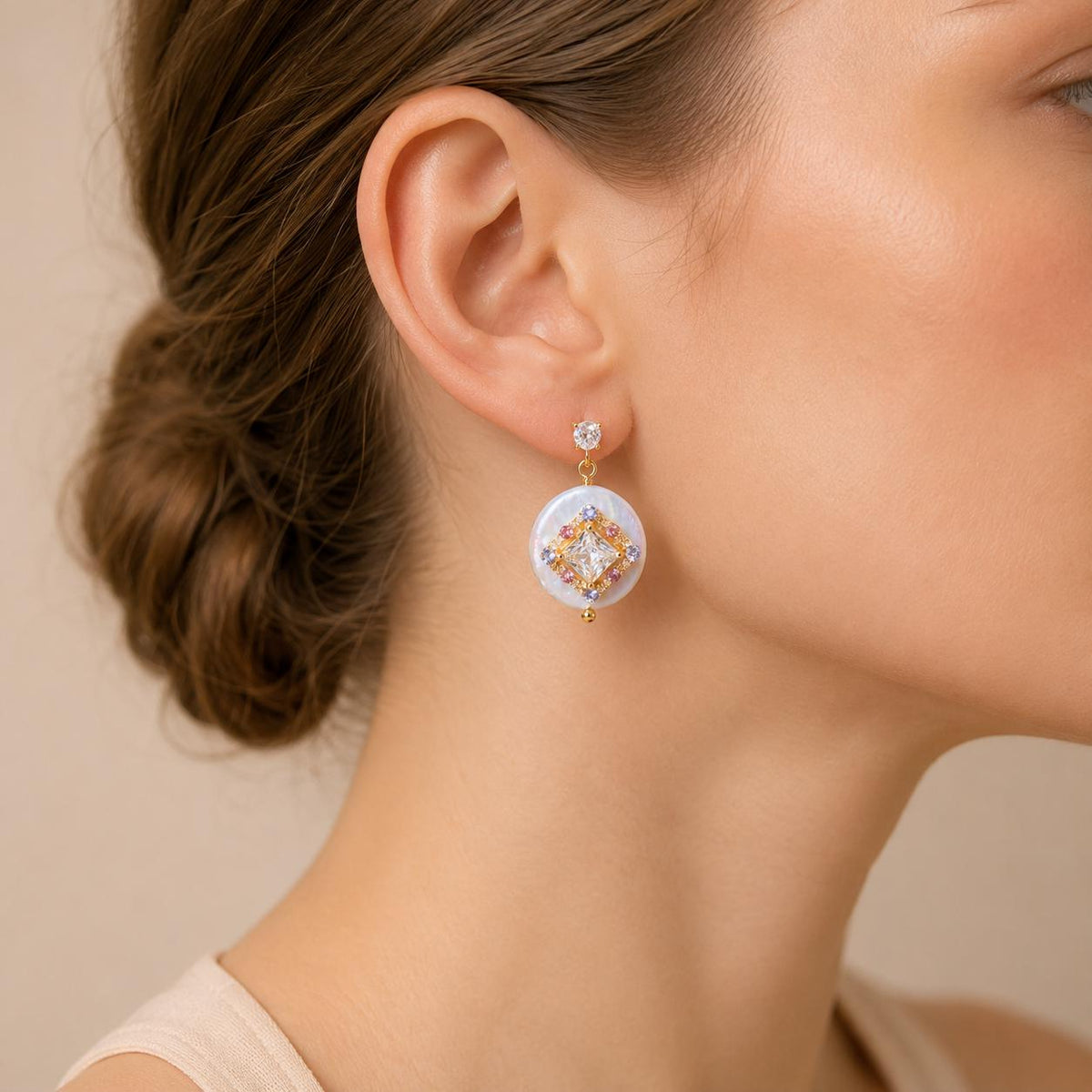 Gold Byzantine Pearl Stud Earrings, Lavender and Pink Crystal Halo Dangles, Art Deco Geometric Statement Jewelry, Gift for Her
