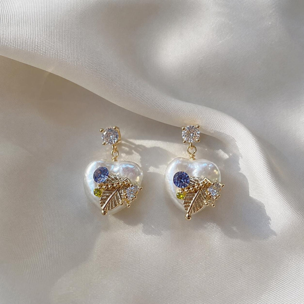 Baroque Pearl Heart Earrings, Gold Leaf Dangle Earrings, Lilac Crystal Stud Earrings, Botanical Statement Jewelry, Gift for Her