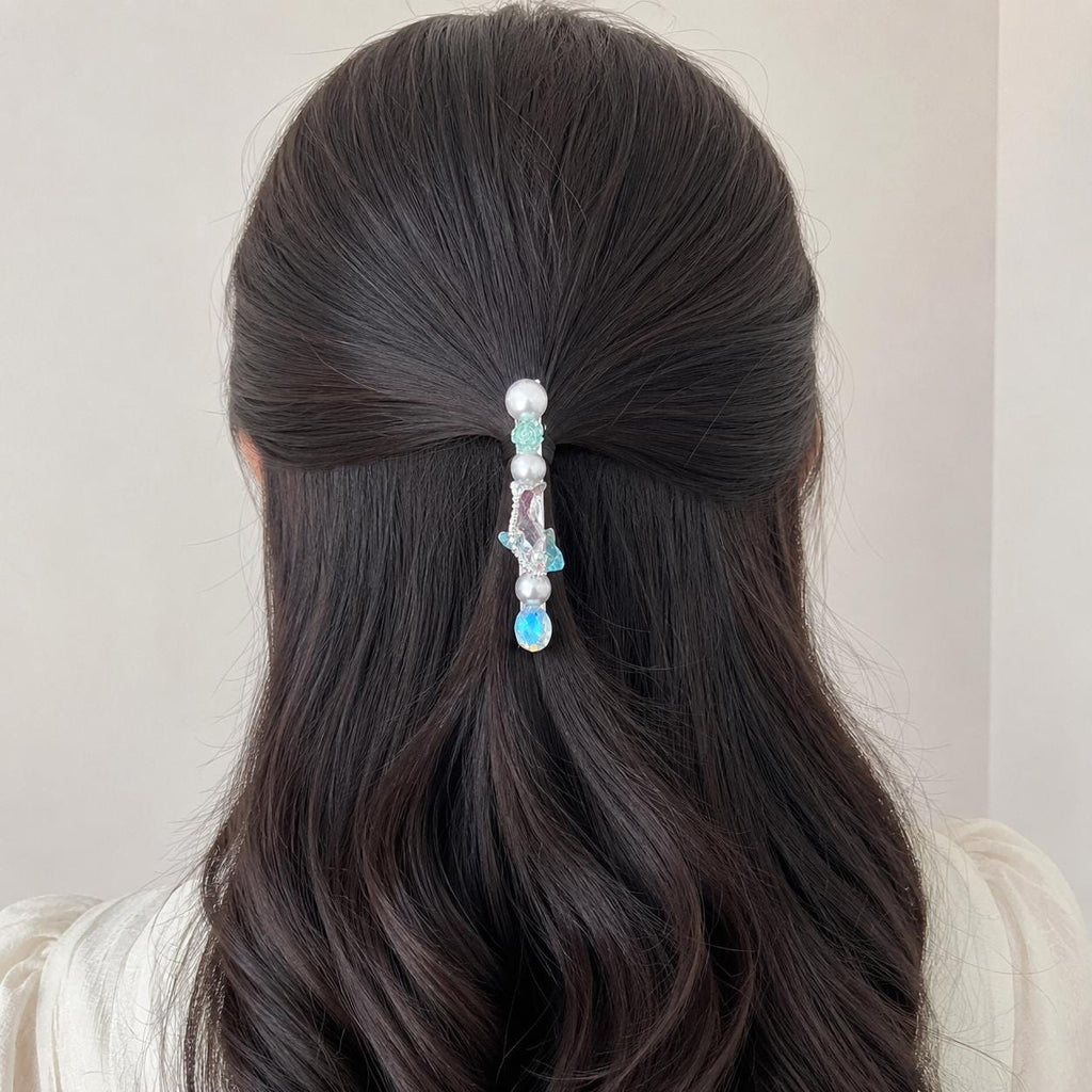 Aurora Mermaid Hair Clip, Mint Rose Pearl Barrette, Holographic Crystal Alligator Clip, Coquette Ocean Gift for Her