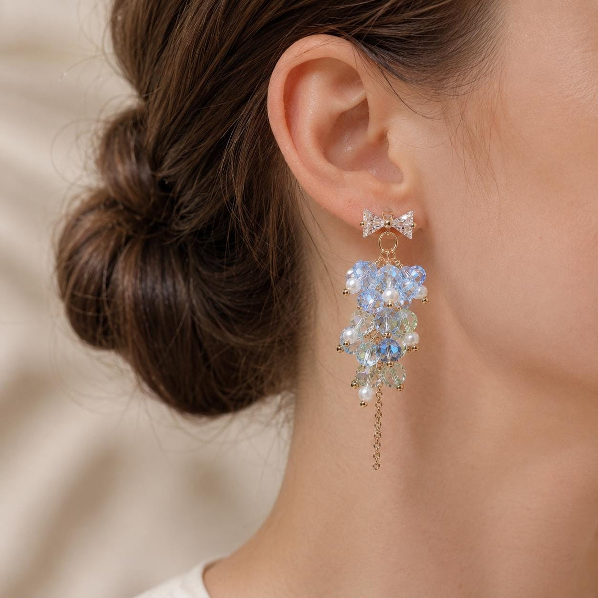 Light Blue Crystal Cluster Earrings, Rhinestone Bowknot Studs, Pearl Tassel Jewelry