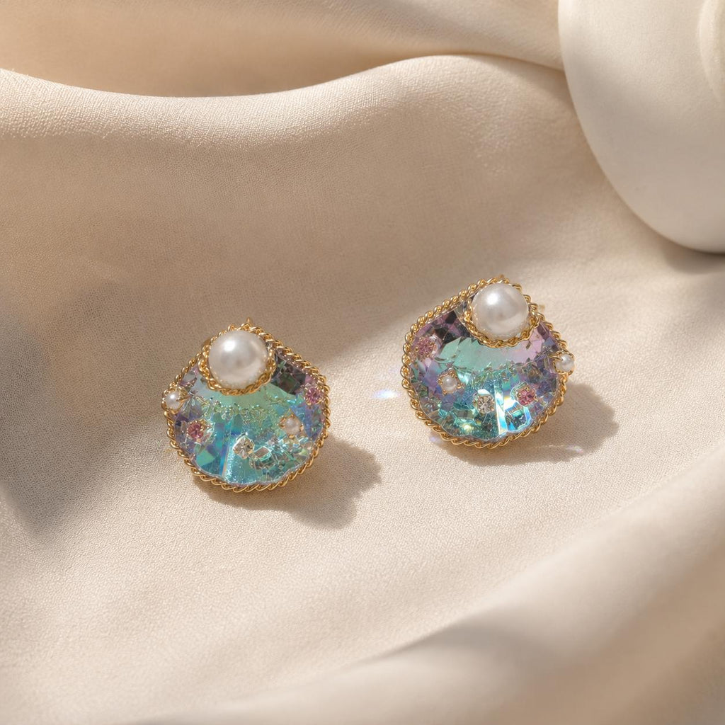Holographic Seashell Dangle Earrings, Pearl Aurora Glass Earrings, Mermaidcore Ocean Jewelry, Gift for Her