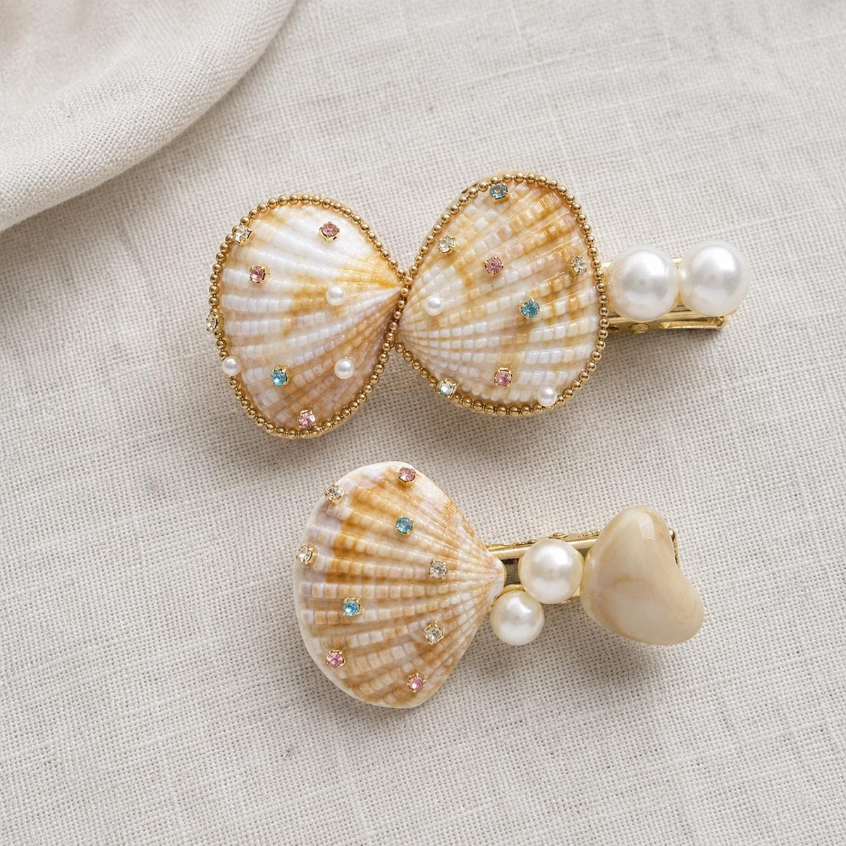 Natural Seashell Hair Clips, Mermaidcore Bow Barrette Set, Coastal Vacation Accessories
