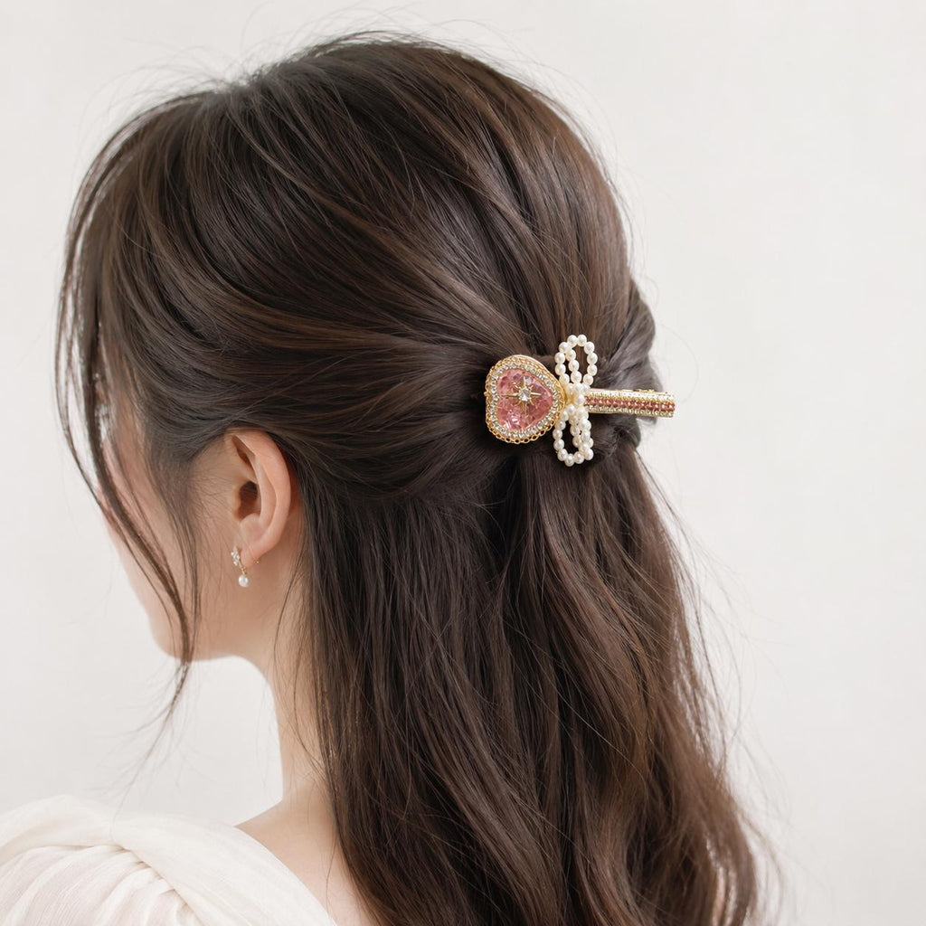 Pink Heart Crystal Hair Clip, Pearl Bow Barrette, Anime Magical Girl Coquette Accessory