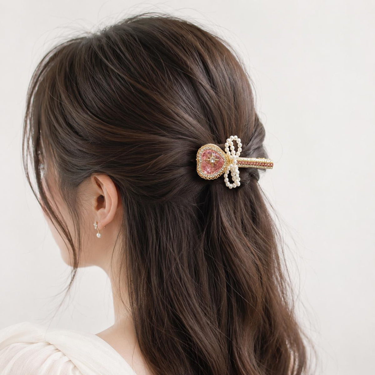 Pink Heart Crystal Hair Clip, Pearl Bow Barrette, Anime Magical Girl Coquette Accessory