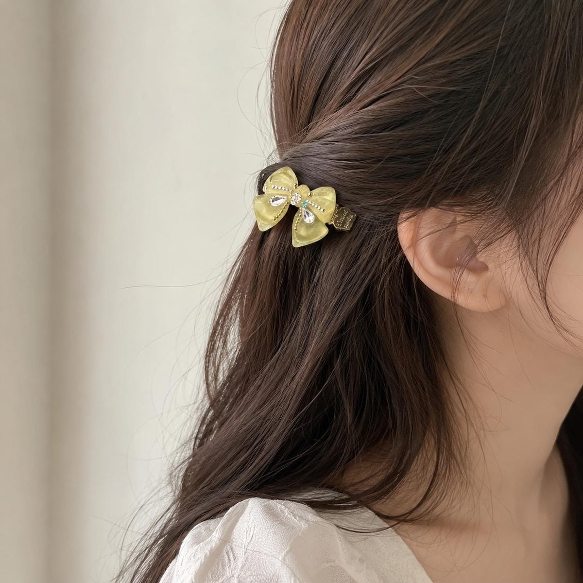 Yellow Bow Hair Clip, Marble Acetate Ribbon Barrette, Crystal Teardrop Alligator Pinch, Whimsical Y2K Coquette Preppy Hair Accessories