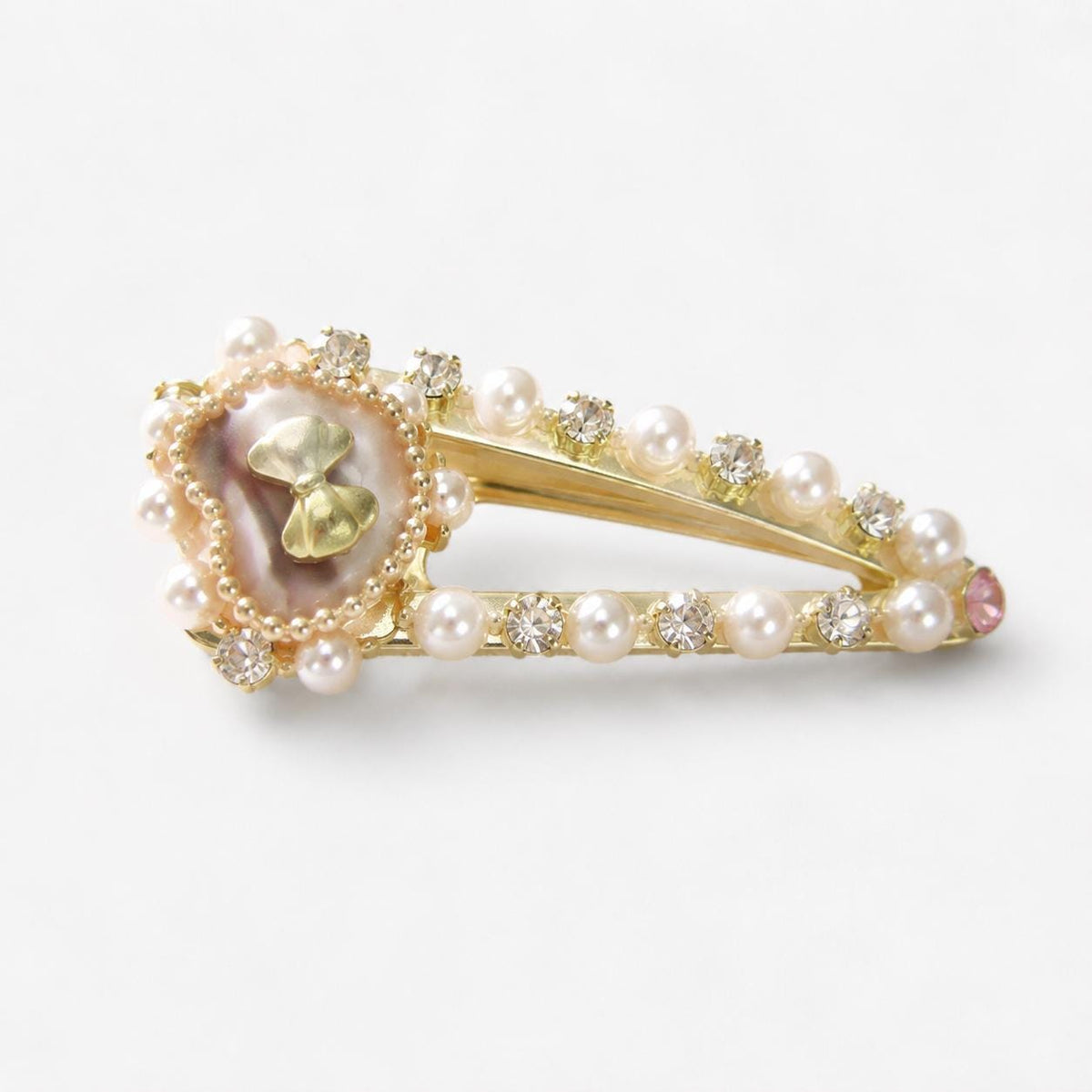 Pearl Heart Bow Hair Clip, Gold Baroque Crystal Barrette, Pink Seashell Snap Clip, Coquette Hair Accessory, Gift for Her