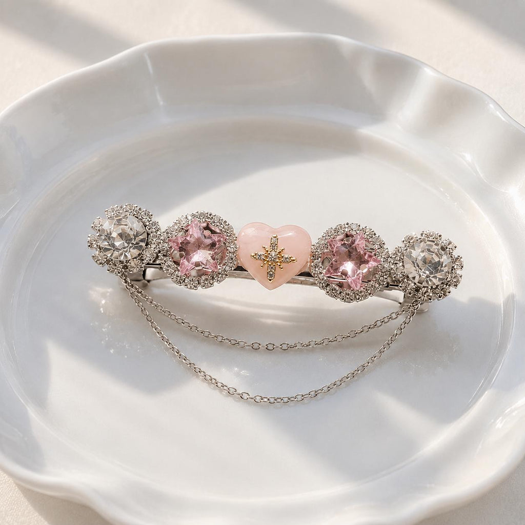Pink Heart Star Hair Clip, Silver Chain Barrette, Pastel Rhinestone Medallion Pinch, Whimsical Y2K Celestial Magical Girl Accessories