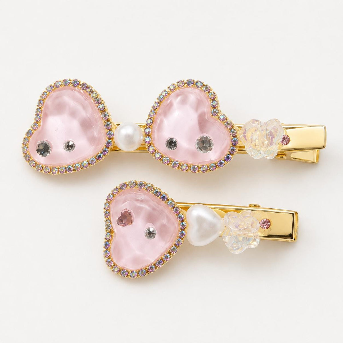 Pink Resin Heart Hair Clips, AB Rhinestone Bow Barrette Set, Pastel Butterfly Pearl Pinch