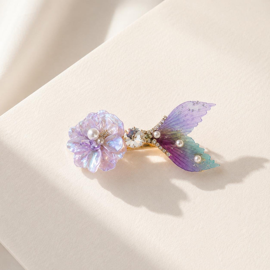 Purple Mermaid Tail Hair Clip, Flower Fish Tail Barrette, Iridescent Pearl Alligator Pinch, Whimsical Pastel Coastal Ocean Hair Accessories