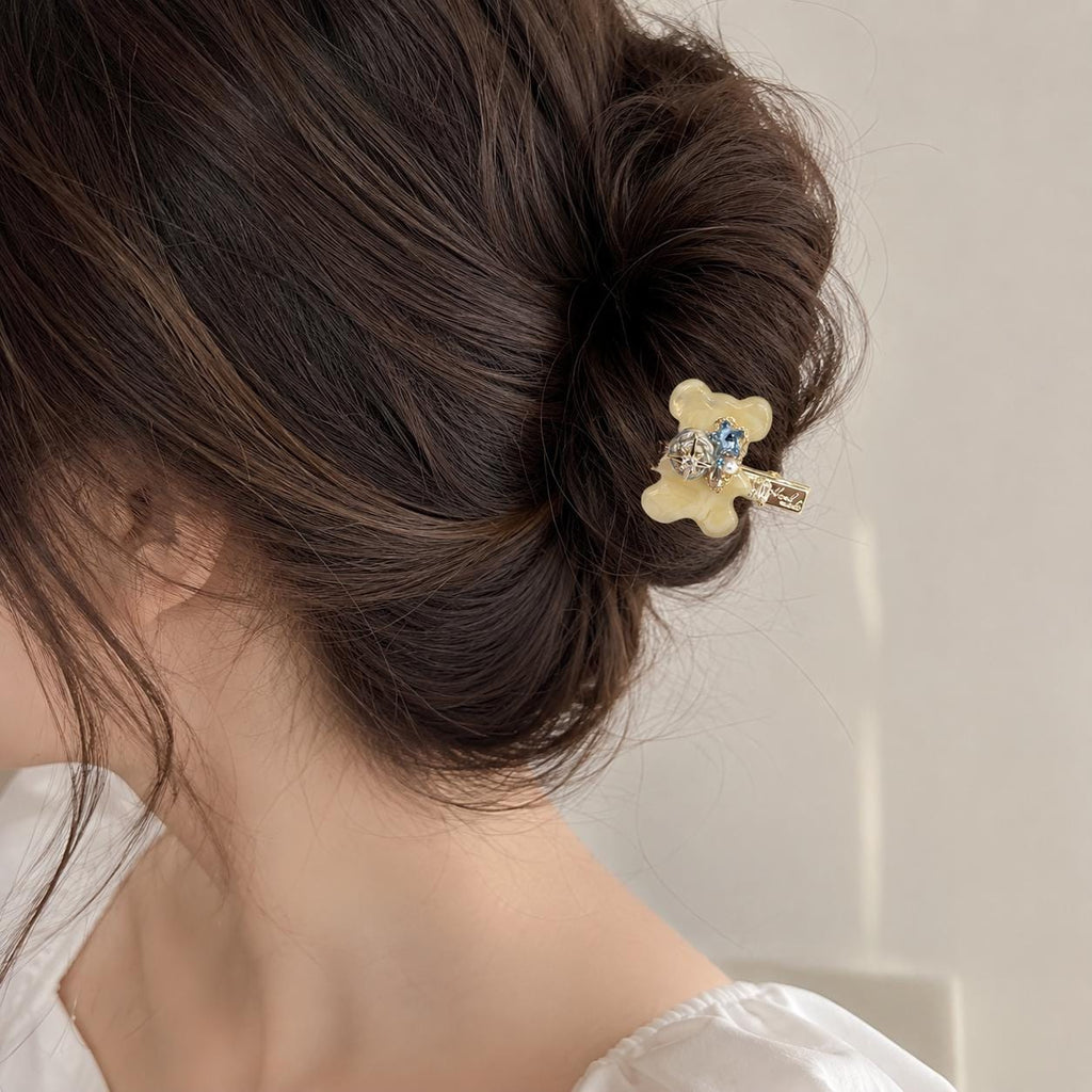 Cream Teddy Bear Hair Clip, Celestial Star Marble Barrette, Blue Crystal Planet Alligator Pinch, Whimsical Kawaii Space Coquette Accessories
