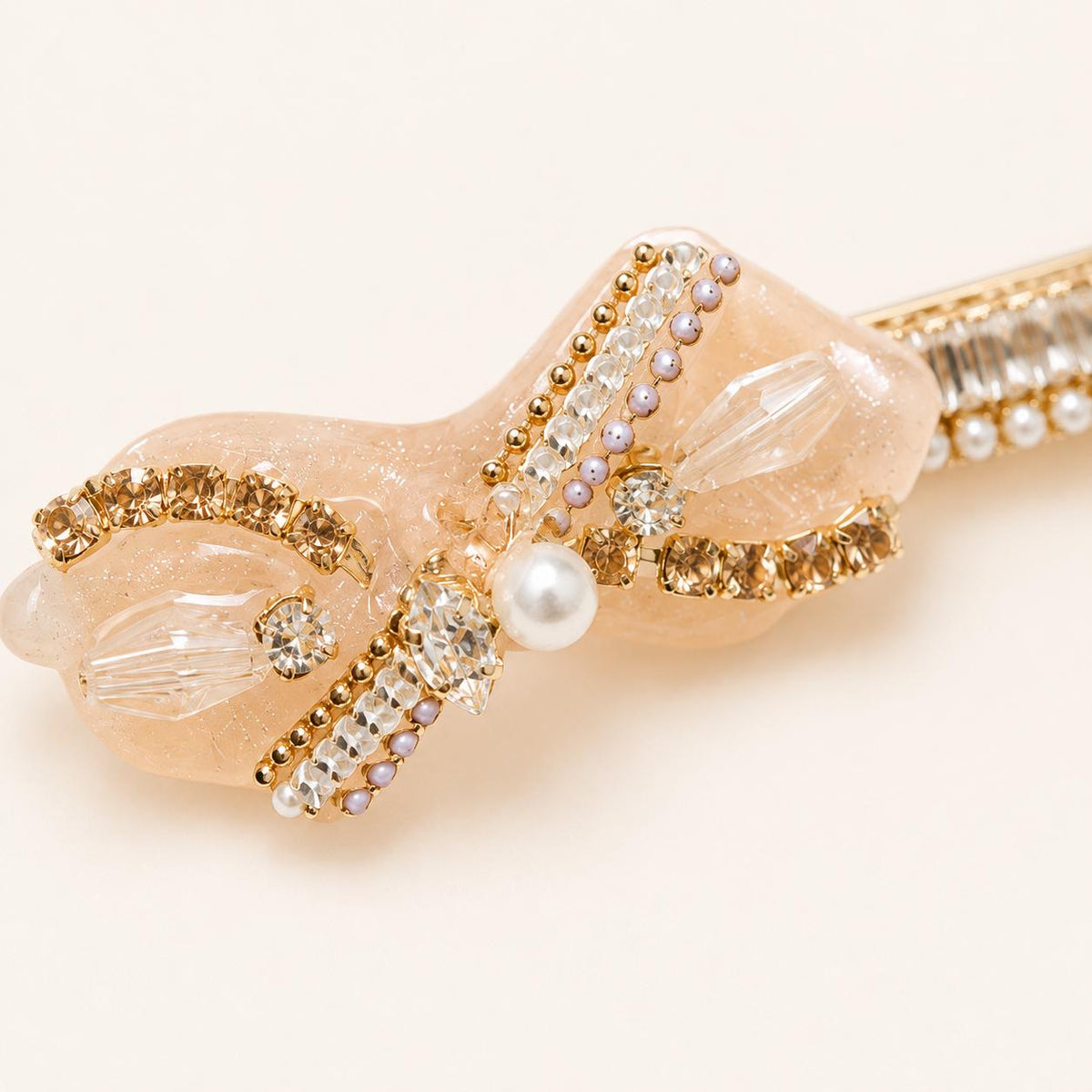 Champagne Shimmer Bow Hair Clip, Baguette Crystal Pearl Barrette, Balletcore Coquette Hair Accessory, Gift for Her