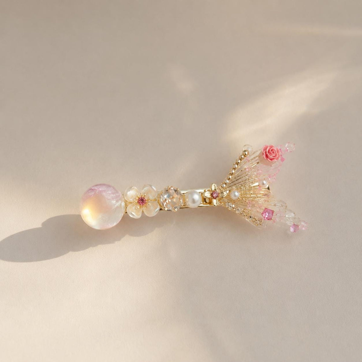 Mermaid Tail Hair Clip, Pink Rose Crystal Barrette, Aurora Coquette Hair Accessory, Cute Gift for Her