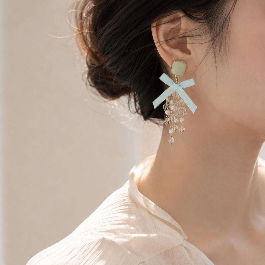 Sage Green Bow Earrings, Mint Tassel Dangle Earrings, Pearl Crystal Square Studs, Coquette Statement Jewelry, Gift for Her