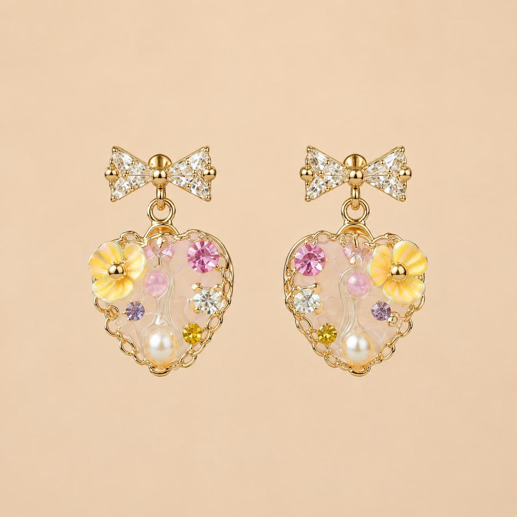 Gold Byzantine Pearl Stud Earrings, Lavender Pink Crystal Dangles, Art Deco Geometric Earrings, Royal Vintage Jewelry Gift for Her