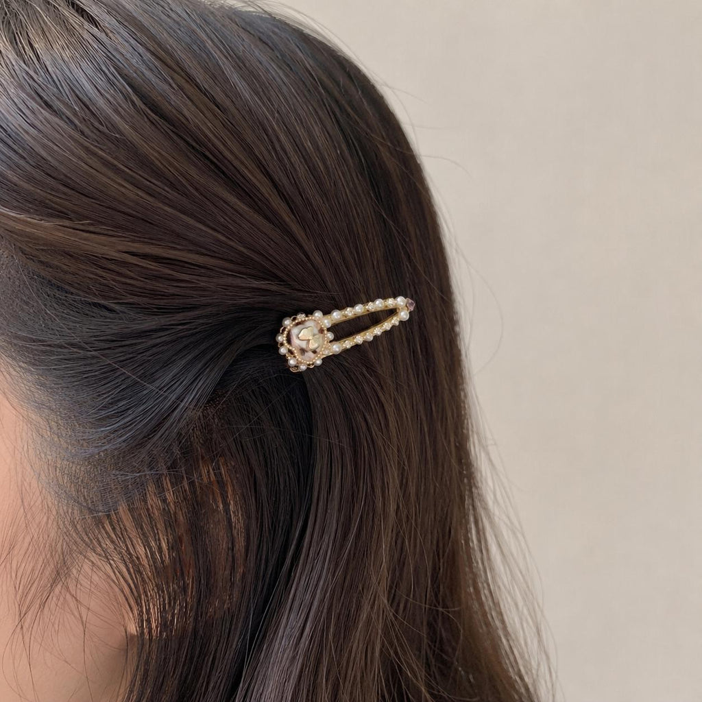 Pearl Heart Bow Hair Clip, Gold Baroque Crystal Barrette, Pink Seashell Snap Clip, Coquette Hair Accessory, Gift for Her