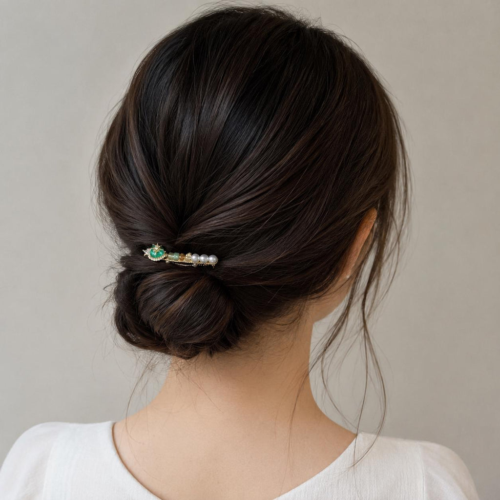 Emerald Green Baroque Pearl Hair Clip, Vintage Gold Geometric Barrette, Elegant French Style Hair Accessory, Gift for Her
