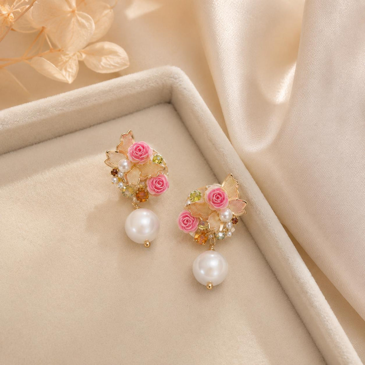 Gold Butterfly Pearl Drop Earrings, Baroque Rose Earrings, French Vintage Dangle Earrings, Romantic Jewelry, Gift for Her