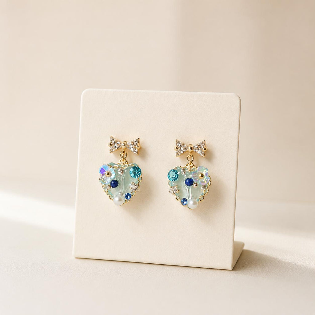 Mint Green Heart Earrings, Dainty Gold Bow Studs, Blue Crystal Pearl Heart Charms, Whimsical Shimmering Jewelry, Romantic Gift for Her