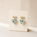 Mint Green Heart Earrings, Dainty Gold Bow Studs, Blue Crystal Pearl Heart Charms, Whimsical Shimmering Jewelry, Romantic Gift for Her