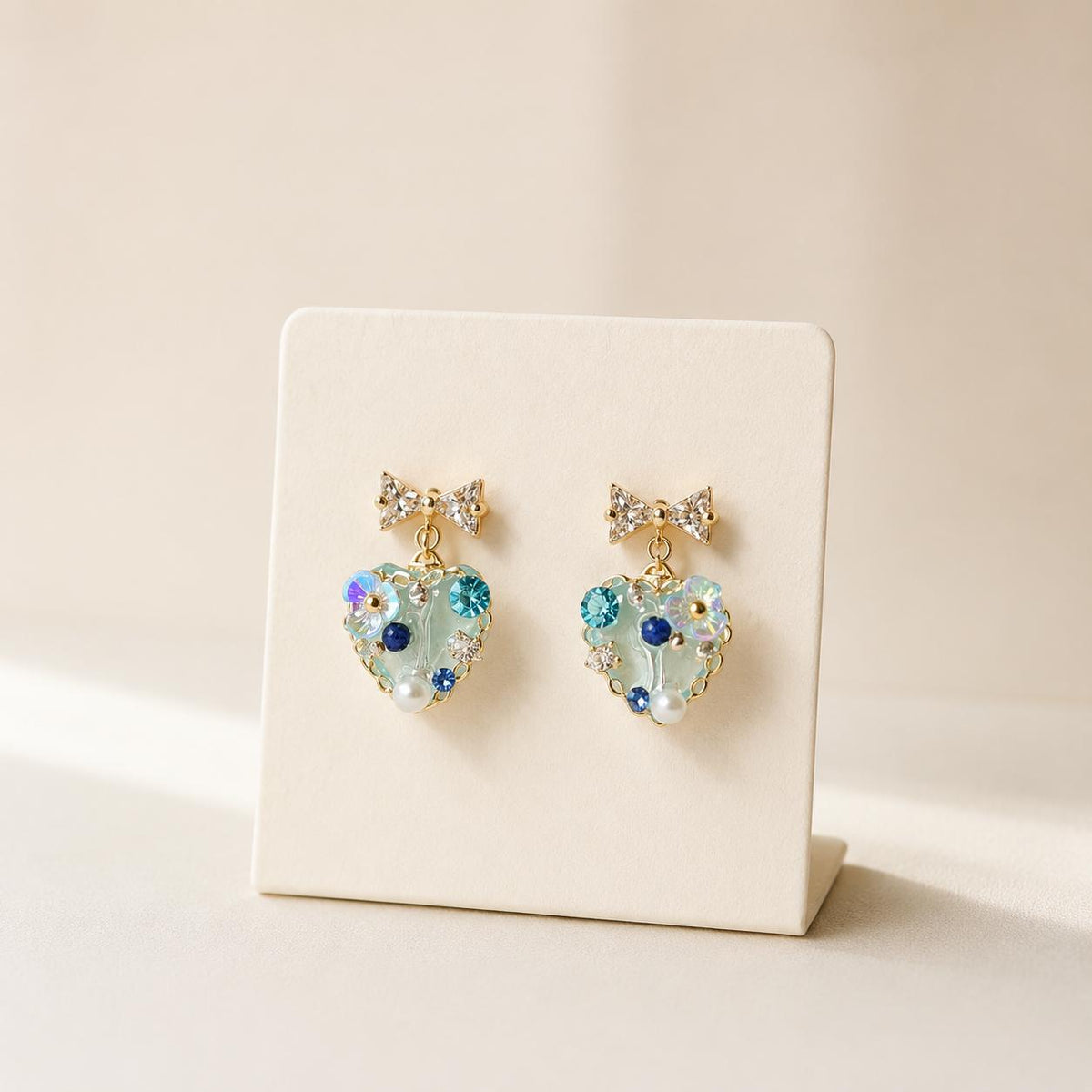 Mint Green Heart Earrings, Dainty Gold Bow Studs, Blue Crystal Pearl Heart Charms, Whimsical Shimmering Jewelry, Romantic Gift for Her