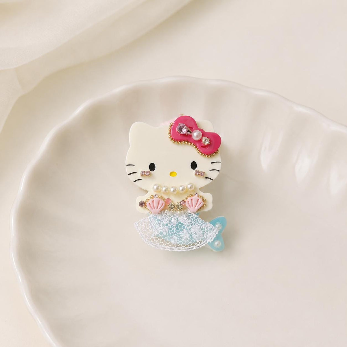 Kawaii Kitten Mermaid Hair Clip, Pink Bow Seashell Barrette, Cute Coquette Hair Accessory, Gift for Her