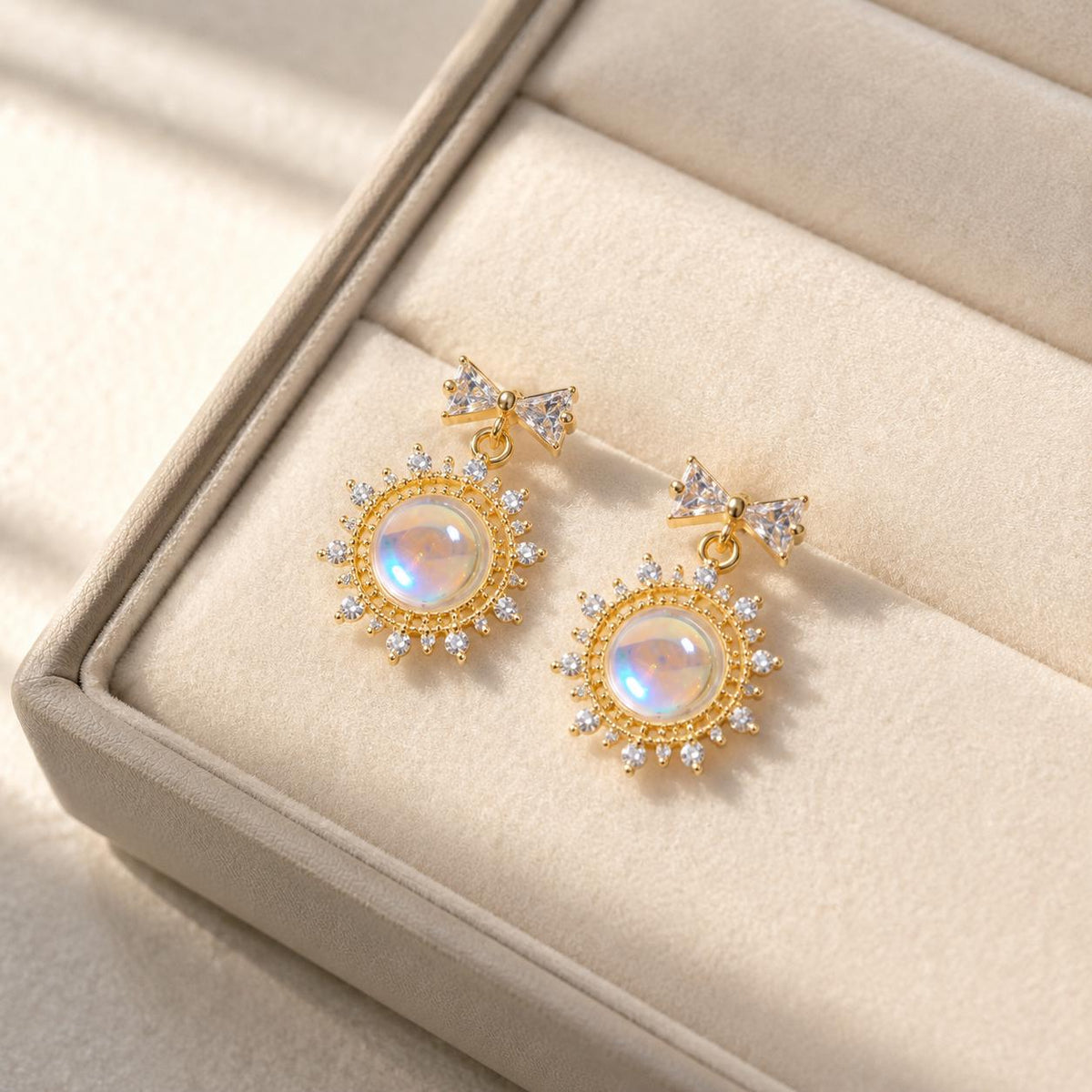 Iridescent Aurora Cabochon Earrings, Gold Bow Stud Earrings, Celestial Sunburst Statement Jewelry, Witchy Gift for Her