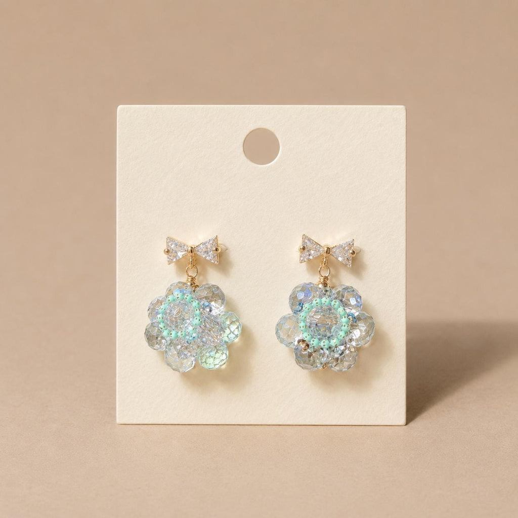 Ice Blue Beaded Blossom Earrings, Gold Bow Stud Earrings, Pastel Coquette Flower Dangles, Whimsical Statement Jewelry, Gift for Her