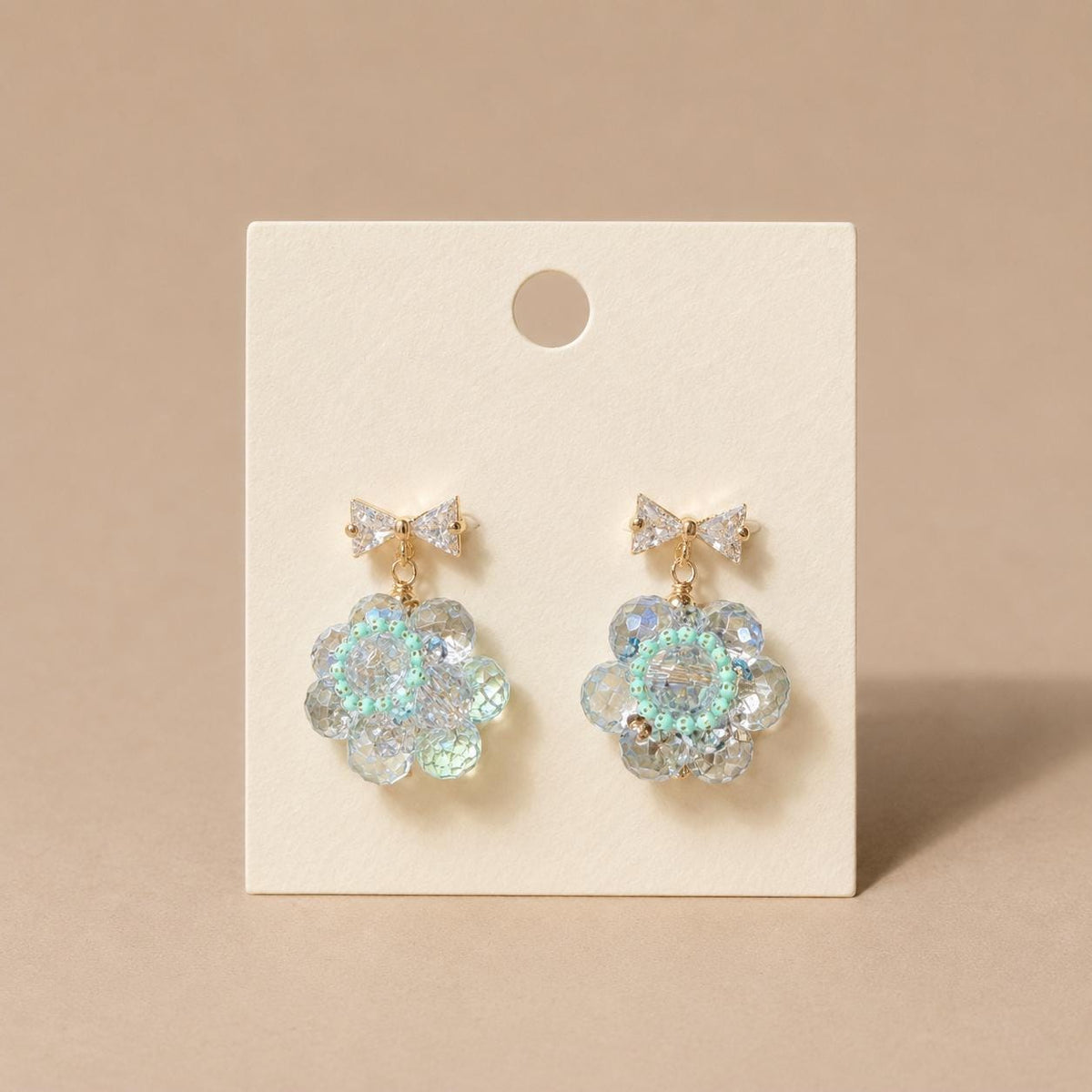 Ice Blue Beaded Blossom Earrings, Gold Bow Stud Earrings, Pastel Coquette Flower Dangles, Whimsical Statement Jewelry, Gift for Her