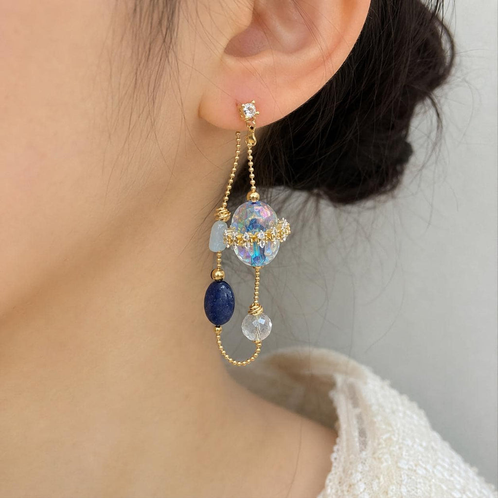 Iridescent Blue Dangle Earrings, Gold Butterfly Chain Earrings, Fairycore Crystal Drop Earrings, Handmade Beaded Jewelry Gift for Her