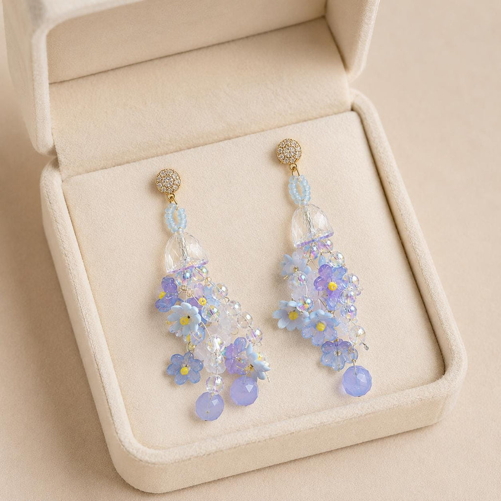 Pastel Blue Forget Me Not Chandelier Earrings, 3D Acrylic Flower Tassel Dangle