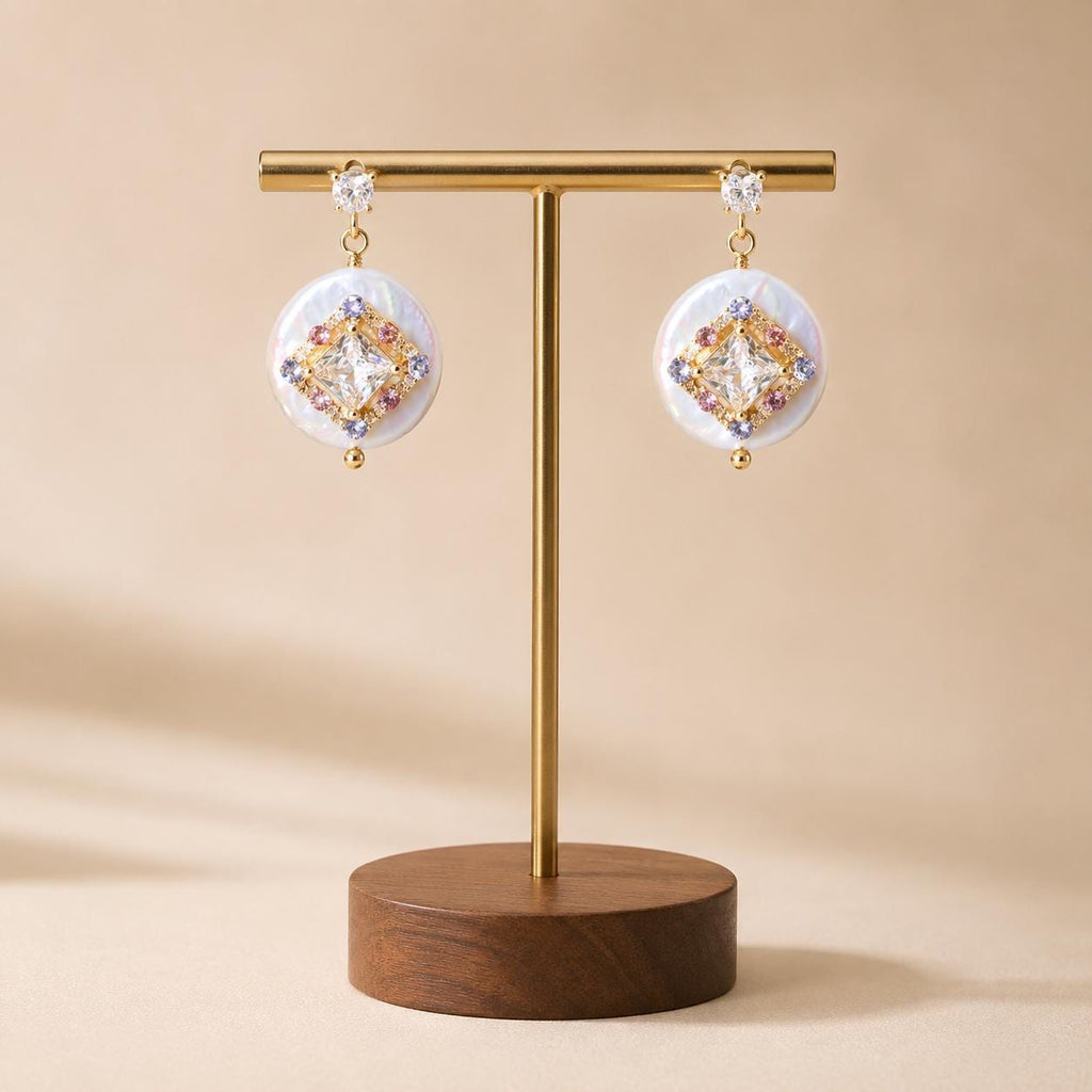 Gold Byzantine Pearl Stud Earrings, Lavender and Pink Crystal Halo Dangles, Art Deco Geometric Statement Jewelry, Gift for Her