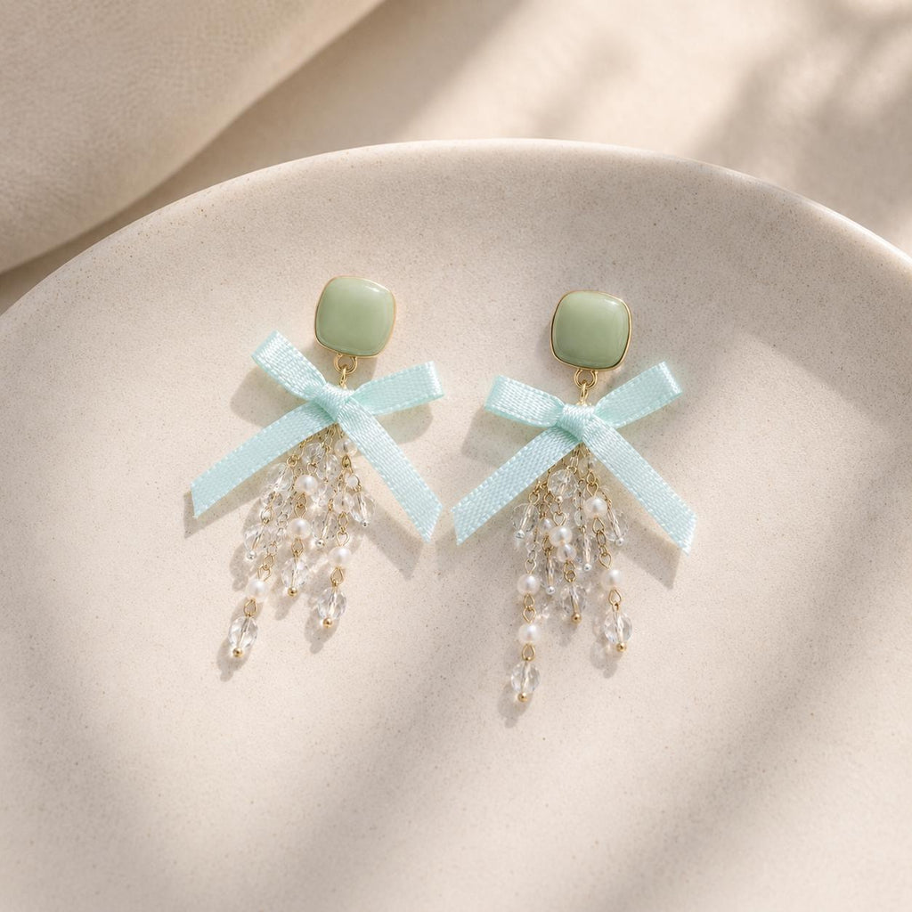 Sage Green Bow Earrings, Mint Tassel Dangle Earrings, Pearl Crystal Square Studs, Coquette Statement Jewelry, Gift for Her