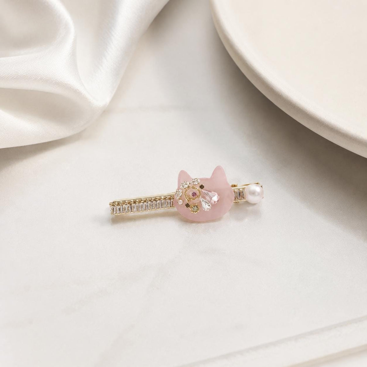 Pink Cat Resin Barrette, Baguette Crystal Hair Clip, Whimsical Kawaii Coquette Accessory