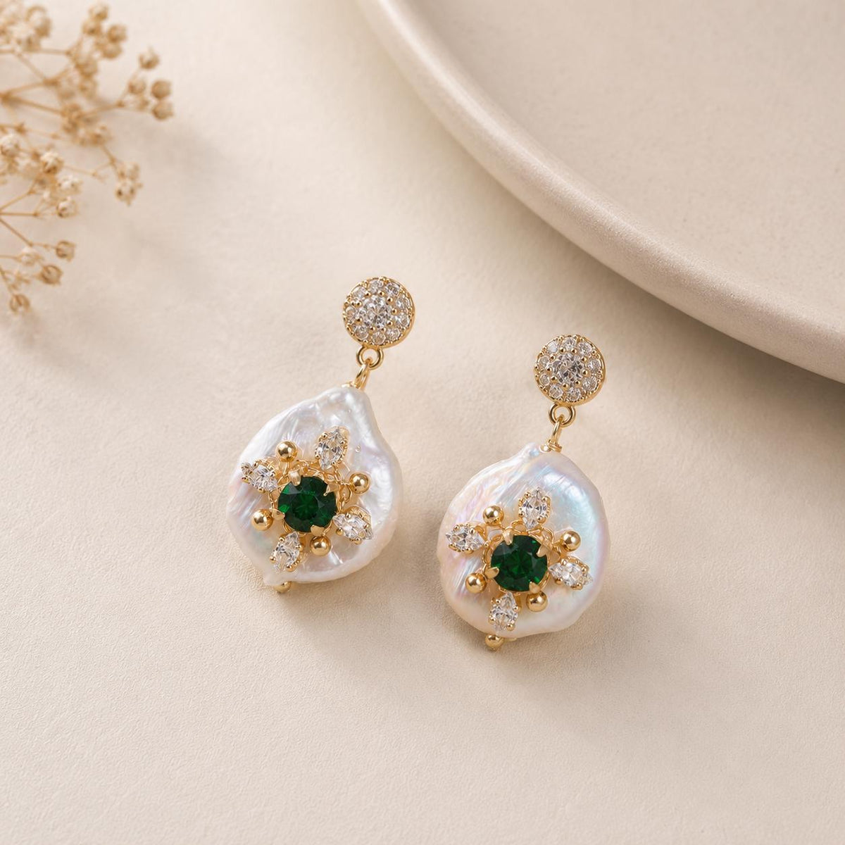 Baroque Pearl Drop Earrings, Emerald Green Crystal Starburst Dangles, Antique Gold Stud Earrings, Vintage Statement Jewelry, Gift for Her