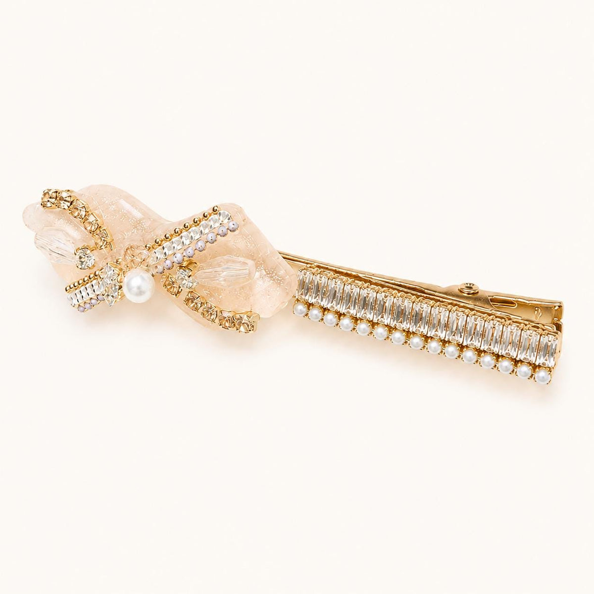Champagne Shimmer Bow Hair Clip, Baguette Crystal Pearl Barrette, Balletcore Coquette Hair Accessory, Gift for Her